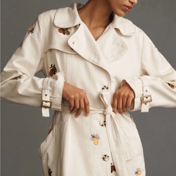 Anthropologie Maeve Trench Coat Women Bee Embroidered Preppy Boho Size small NWT - Picture 4 of 5